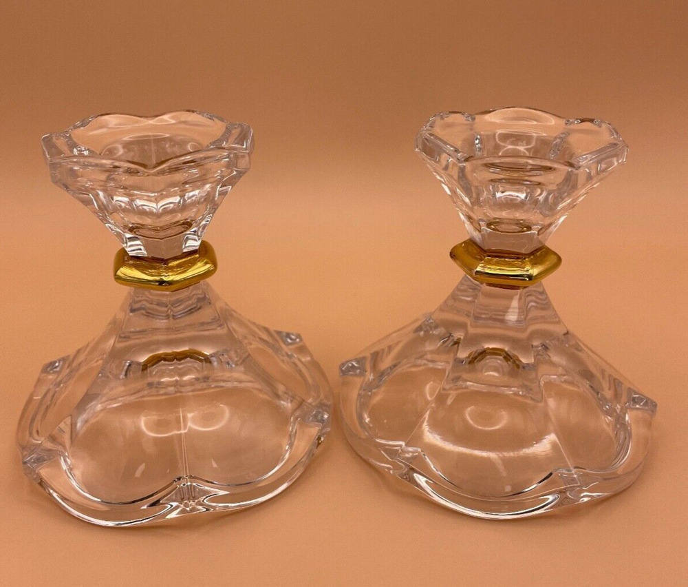 Gorham Heavy Cut Crystal Gold Band Matched Pair Candlesticks ONLY, Pre-owned